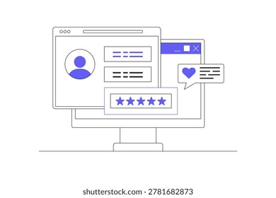 Customer Feedback and Five Star Review Concept. High Rating and Positive Testimonials on Computer Monitor. Flat Cartoon Vector Illustration, icon Stylish abstract design landing page web