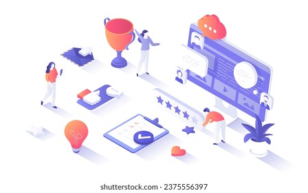 Customer feedback. Five star feedback, site rating, high-ranking concept. Different reviews and comments from clients on the monitor screen. Isometry illustration with people scene for web graphic.