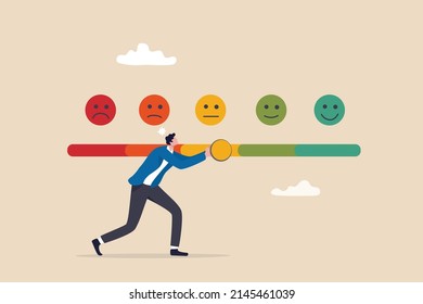 Customer feedback giving rating based on experience or quality from product and service, survey, opinion and review to evaluate result, man trying to push customer feedback bar to be excellent smile.