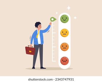 Customer feedback giving rating based on experience or quality from product and service. User feedback and rating , man trying to push customer feedback bar to be excellent smile