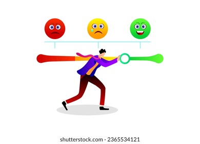 Calificación de comentarios de clientes basada en la experiencia o calidad de productos y servicios. Opinión y revisión para evaluar resultados, encuesta, hombre tratando de presionar la barra de comentarios del cliente para ser una excelente sonrisa