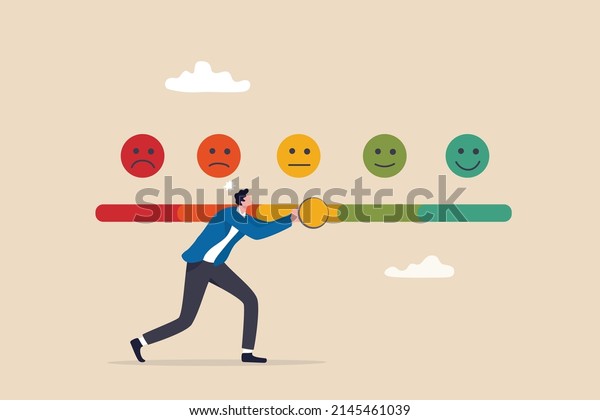 Customer feedback giving rating based on\
experience or quality from product and service, survey, opinion and\
review to evaluate result, man trying to push customer feedback bar\
to be excellent\
smile.
