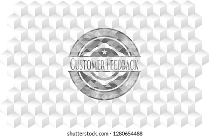 Customer Feedback grey badge with geometric cube white background