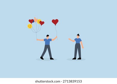 Cliente Comentarios, Cliente sosteniendo globos de Comentarios dando corazón.