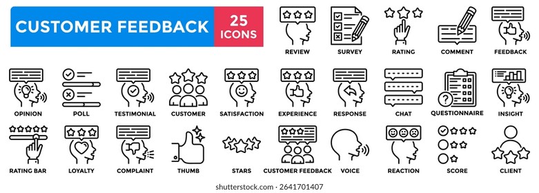 Customer feedback icon collection set.Containing experience, comment, customer, opinion, rating, response, review, satisfaction icon. Simple line vector illustration
