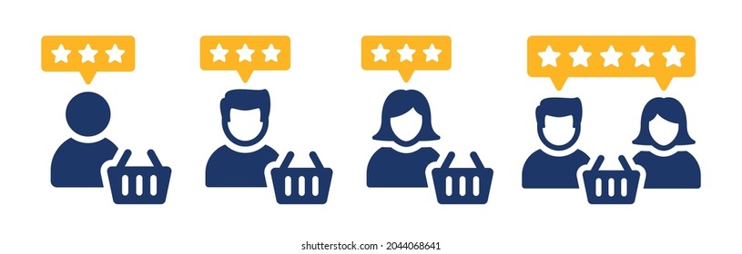 Customer feedback icon. Consumer with basket icon. Shopper symbol vector illustration.