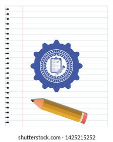 customer feedback icon emblem draw with pen effect. Blue ink. Vector Illustration. Detailed.