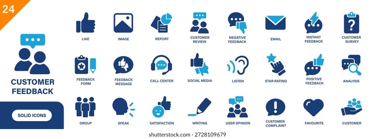 Icono de Comentarios Cliente. Incluyendo la satisfacción, la calificación de estrellas, el Comentarios positivo, la opinión del usuario, escuchar. Colección de iconos de vectores sólidos.