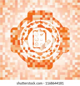 customer feedback icon inside abstract orange mosaic emblem with background
