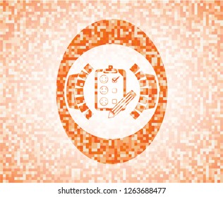 customer feedback icon inside abstract orange mosaic emblem with background