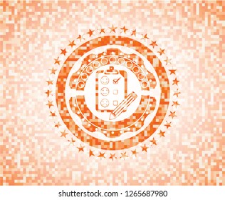 customer feedback icon inside abstract emblem, orange mosaic background