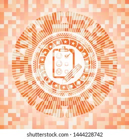 customer feedback icon inside abstract emblem, orange mosaic background