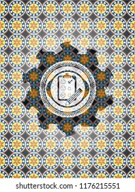 customer feedback icon inside arabesque badge background. arabic decoration.