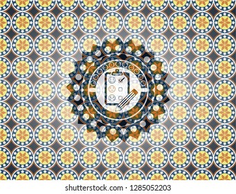 customer feedback icon inside arabesque badge. arabic decoration.