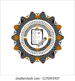 customer feedback icon inside arabic emblem background. Arabesque decoration.