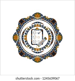 customer feedback icon inside arabic badge background. Arabesque decoration.