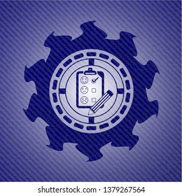 customer feedback icon inside badge with denim background