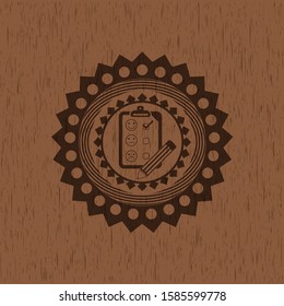 customer feedback icon inside badge with wood background