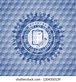 customer feedback icon inside blue badge with geometric pattern.