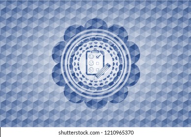 customer feedback icon inside blue badge with geometric background.