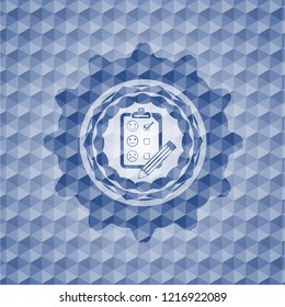 customer feedback icon inside blue emblem with geometric pattern background.
