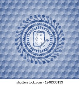 customer feedback icon inside blue badge with geometric pattern.