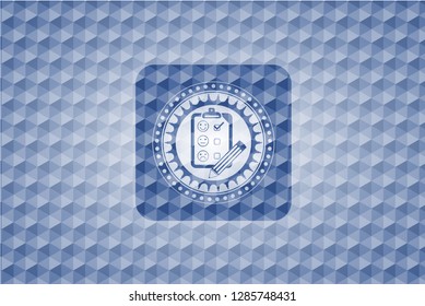 customer feedback icon inside blue emblem or badge with geometric pattern background.
