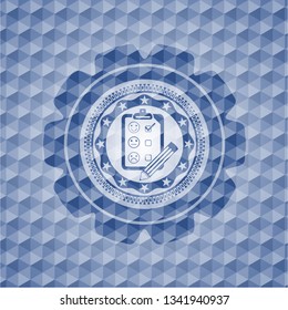 customer feedback icon inside blue emblem or badge with abstract geometric polygonal pattern background.