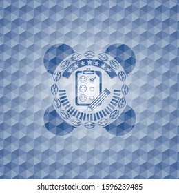 customer feedback icon inside blue polygonal emblem.