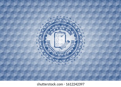 customer feedback icon inside blue emblem with geometric background.