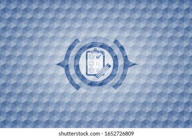 customer feedback icon inside blue badge with geometric pattern.