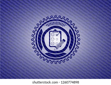 customer feedback icon inside emblem with denim high quality background