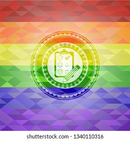 customer feedback icon inside emblem on mosaic background with the colors of the LGBT flag