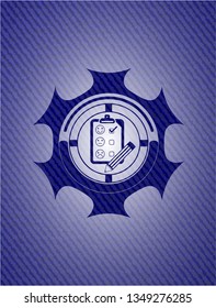customer feedback icon inside emblem with jean background