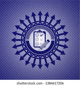 customer feedback icon inside emblem with denim texture