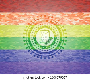 customer feedback icon inside emblem on mosaic background with the colors of the LGBT flag