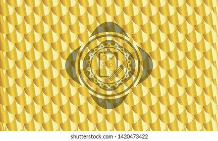 customer feedback icon inside gold shiny emblem. Scales pattern. Vector Illustration. Detailed.