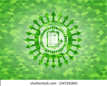customer feedback icon inside green emblem with triangle mosaic background