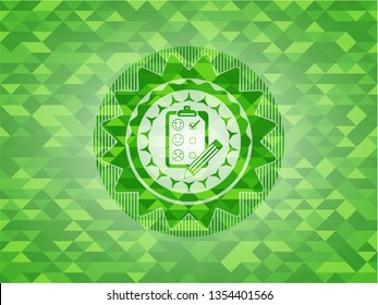 customer feedback icon inside green emblem with mosaic background