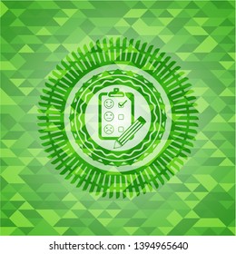 customer feedback icon inside green emblem. Mosaic background