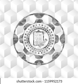 customer feedback icon inside grey icon or emblem with geometric cube white background