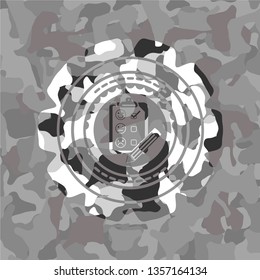 customer feedback icon inside grey camouflage emblem