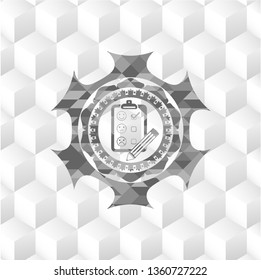 customer feedback icon inside grey badge with geometric cube white background
