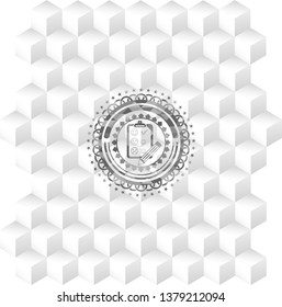 customer feedback icon inside grey badge with geometric cube white background