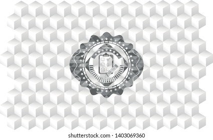 customer feedback icon inside grey emblem with geometric cube white background