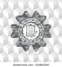 customer feedback icon inside grey badge with geometric cube white background