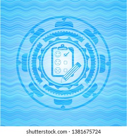 customer feedback icon inside light blue water emblem background.
