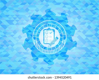 customer feedback icon inside light blue emblem with triangle mosaic background