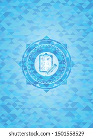 customer feedback icon inside light blue mosaic emblem