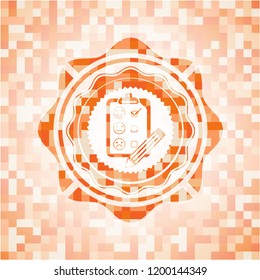 customer feedback icon inside orange tile background illustration. Square geometric mosaic seamless pattern with emblem inside.